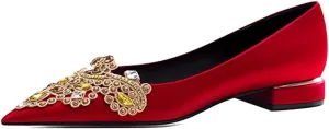 XYD Women's Sense of Luxury Pointed Toe Jewelry Pearl Studs Slip On Embroidery Low Heel Flats Comfortable Wedding Elegant Dress Shoes