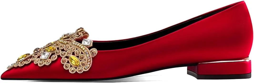 XYD Women's Sense of Luxury Pointed Toe Jewelry Pearl Studs Slip On Embroidery Low Heel Flats Comfortable Wedding Elegant Dress Shoes
