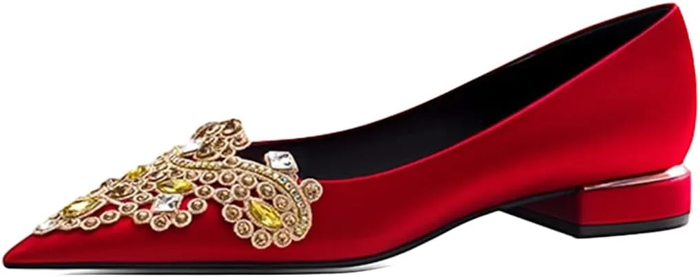 XYD Women's Sense of Luxury Pointed Toe Jewelry Pearl Studs Slip On Embroidery Low Heel Flats Comfortable Wedding Elegant Dress Shoes
