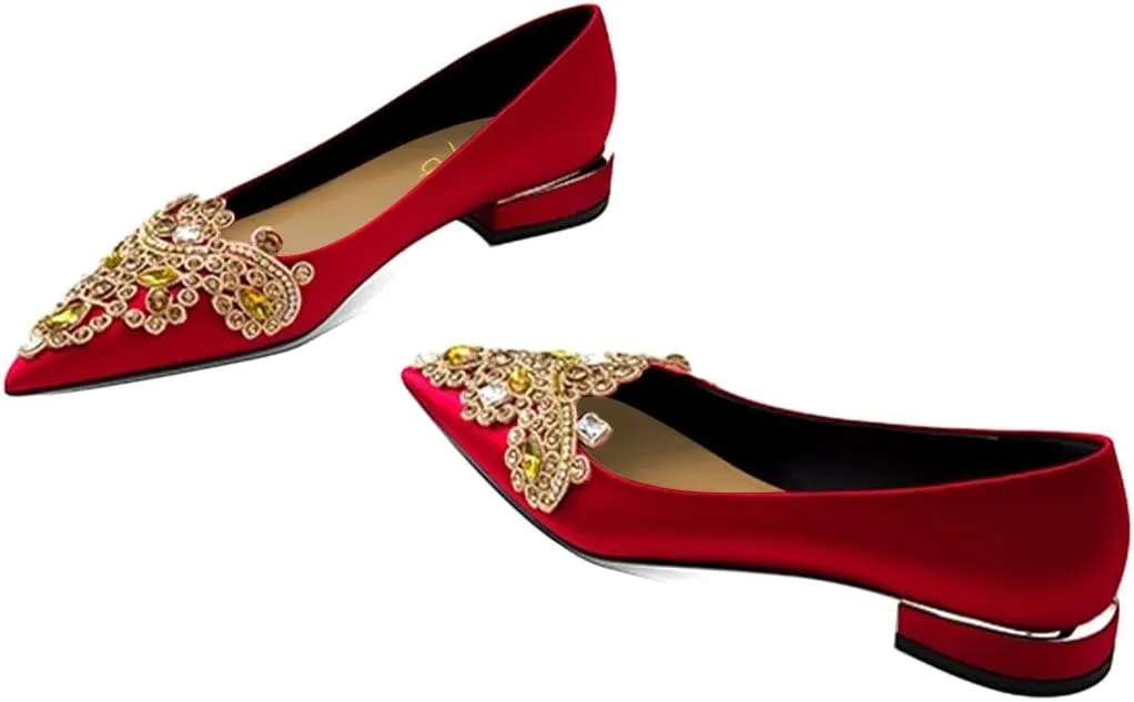 XYD Women's Sense of Luxury Pointed Toe Jewelry Pearl Studs Slip On Embroidery Low Heel Flats Comfortable Wedding Elegant Dress Shoes
