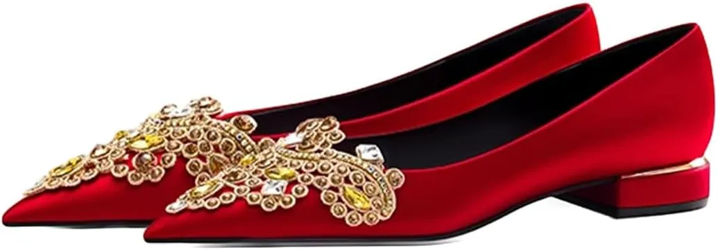 XYD Women's Sense of Luxury Pointed Toe Jewelry Pearl Studs Slip On Embroidery Low Heel Flats Comfortable Wedding Elegant Dress Shoes