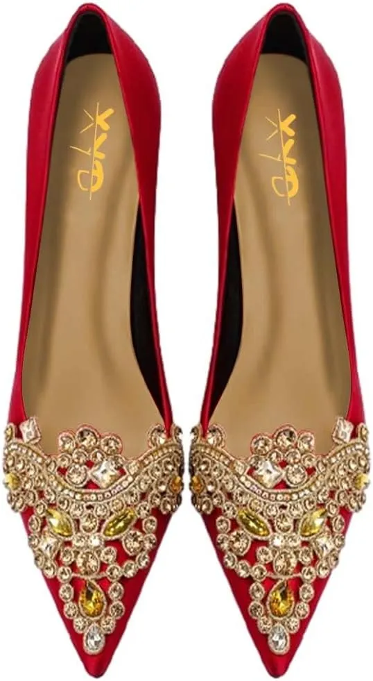 XYD Women's Sense of Luxury Pointed Toe Jewelry Pearl Studs Slip On Embroidery Low Heel Flats Comfortable Wedding Elegant Dress Shoes
