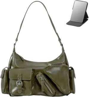 Y2k Shoulder Bag for Women, PU Leather Vintage Underarm Bag with Mirror, Multi-Pockets Goth Purse
