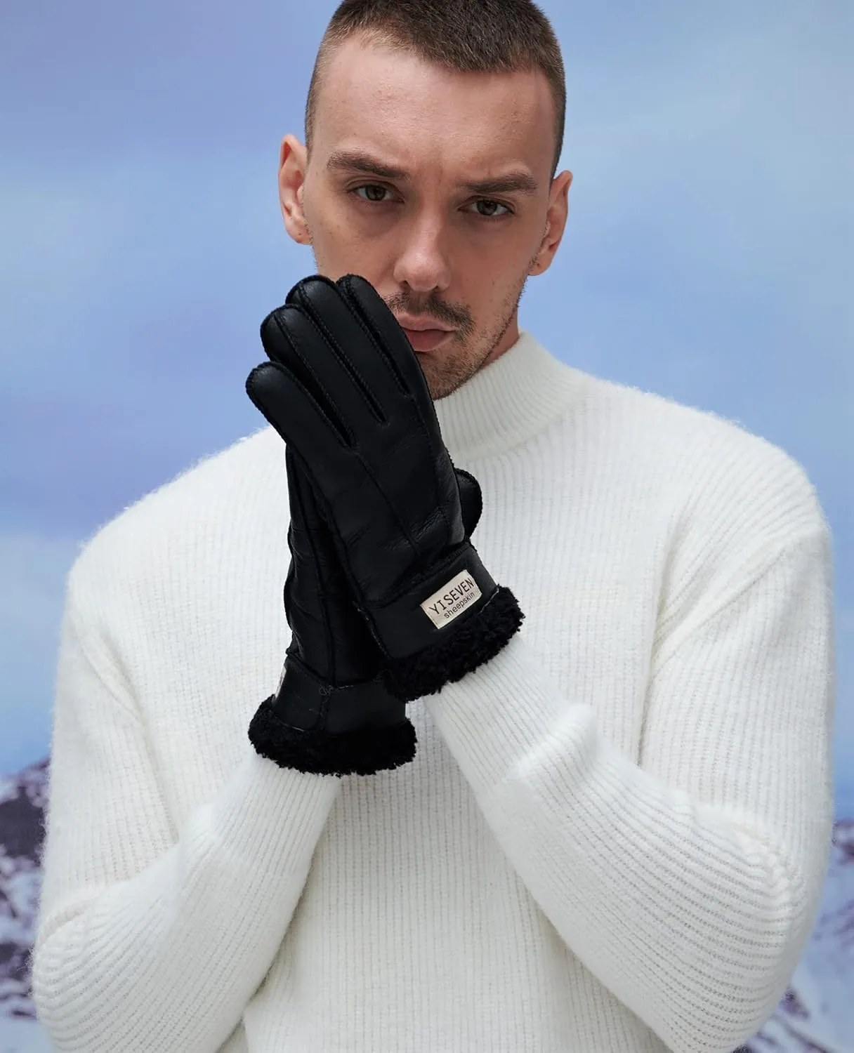 YISEVEN Men's Winter Shearling Sheepskin Gloves with Logo