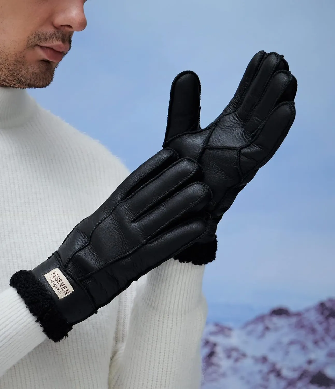 YISEVEN Men's Winter Shearling Sheepskin Gloves with Logo
