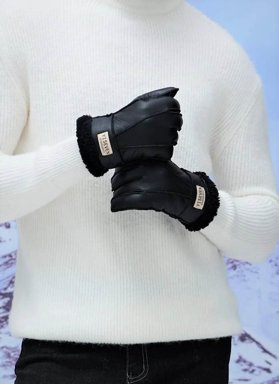 YISEVEN Men's Winter Shearling Sheepskin Gloves with Logo