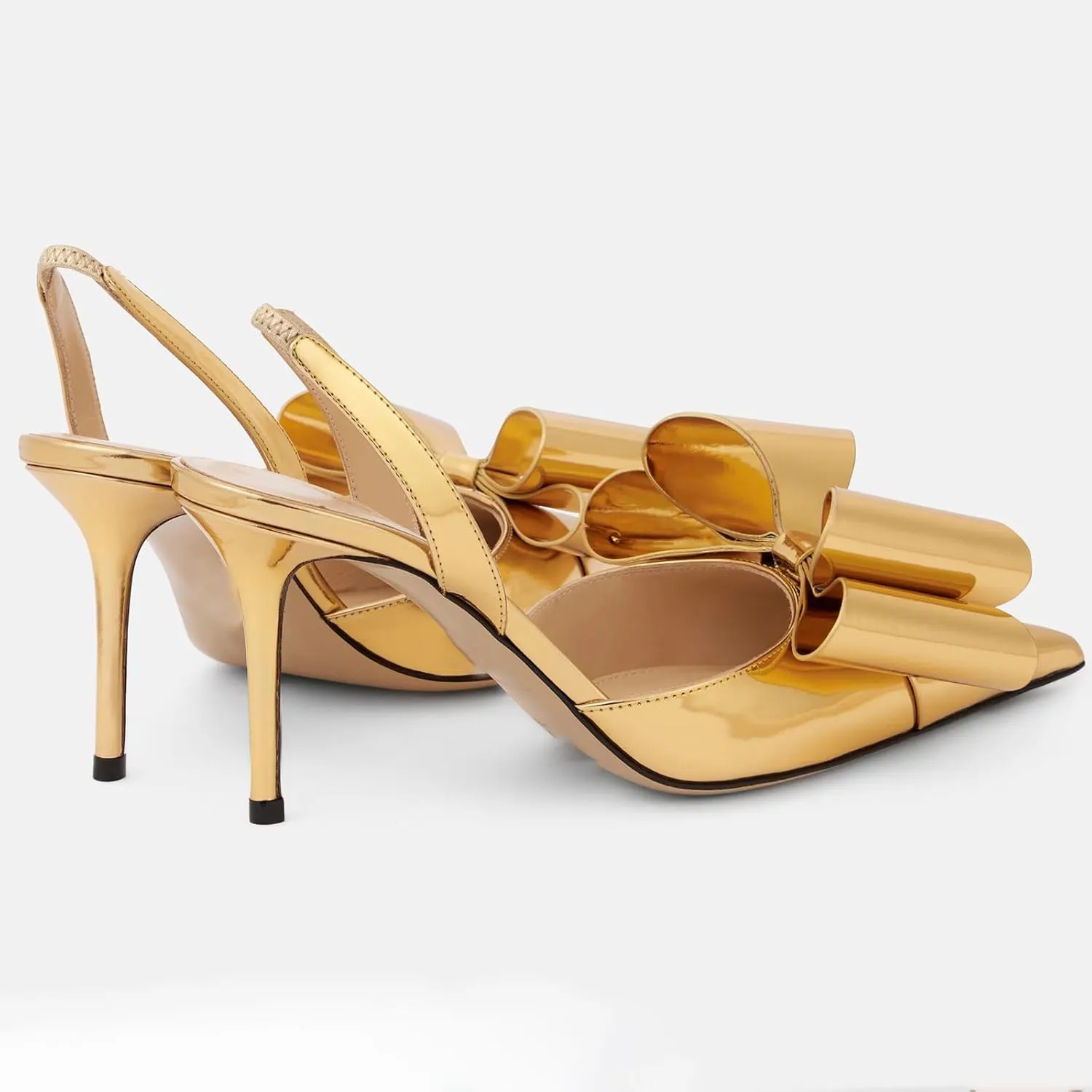 YIYA Women's Metallic Bow Kitten Heels Closed Pointed Toe Slingback Pumps Stiletto High Heels Slip On Party Dress Shoes