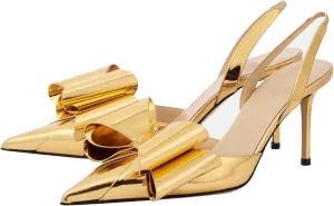 YIYA Women's Metallic Bow Kitten Heels Closed Pointed Toe Slingback Pumps Stiletto High Heels Slip On Party Dress Shoes