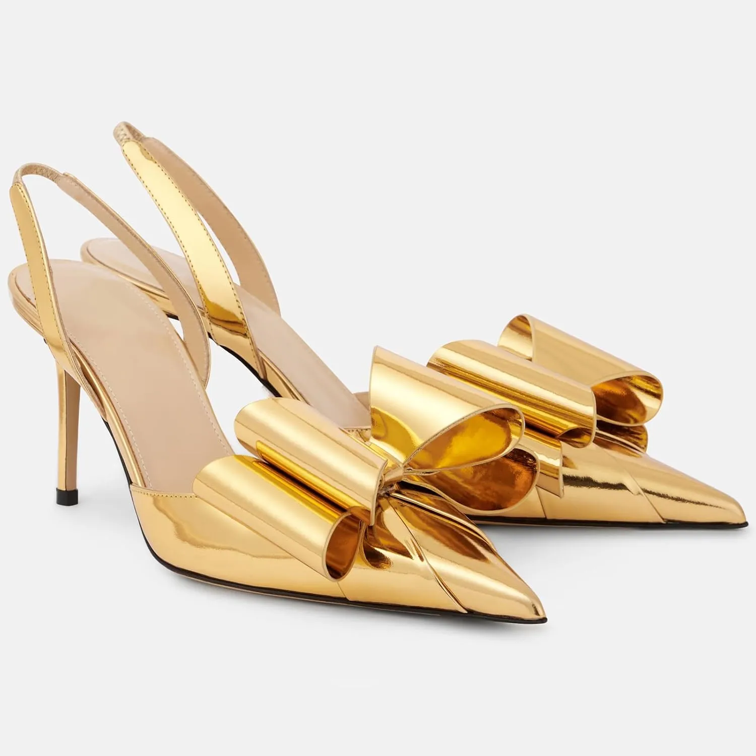 YIYA Women's Metallic Bow Kitten Heels Closed Pointed Toe Slingback Pumps Stiletto High Heels Slip On Party Dress Shoes