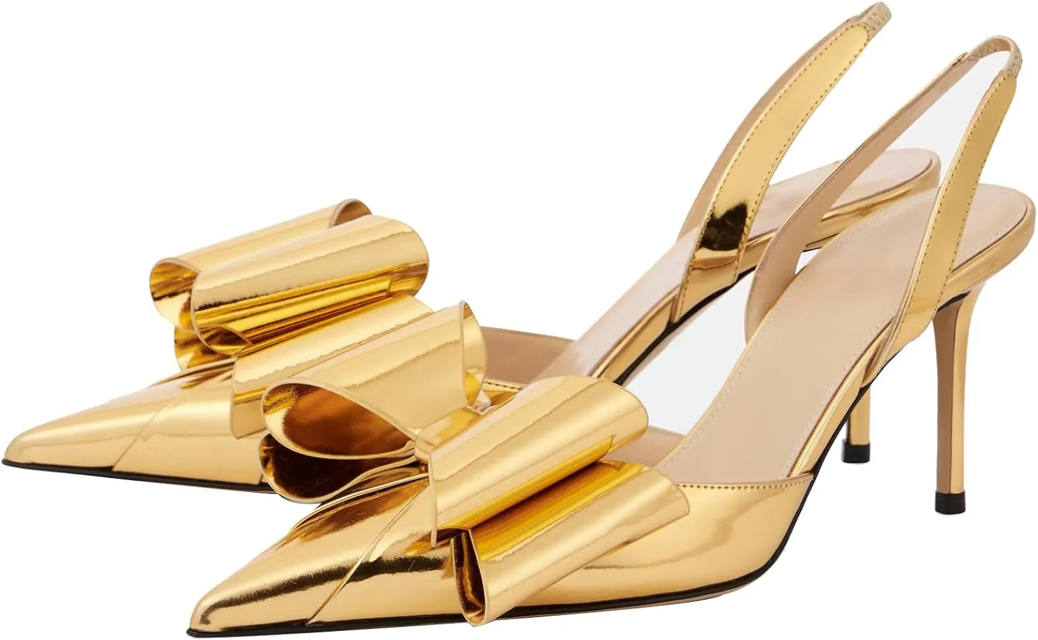 YIYA Women's Metallic Bow Kitten Heels Closed Pointed Toe Slingback Pumps Stiletto High Heels Slip On Party Dress Shoes