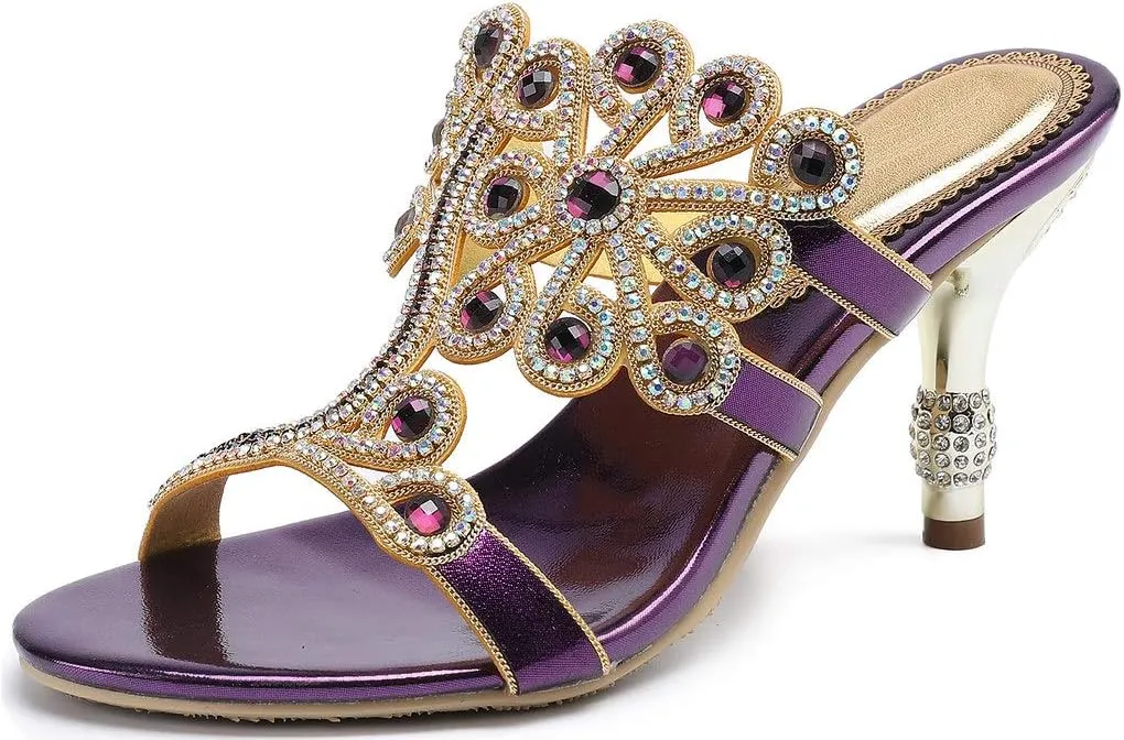 YooPrettyz Women Crystals Cutout Dress Slipper Shoes Strappy Flowers Sandal High Heels