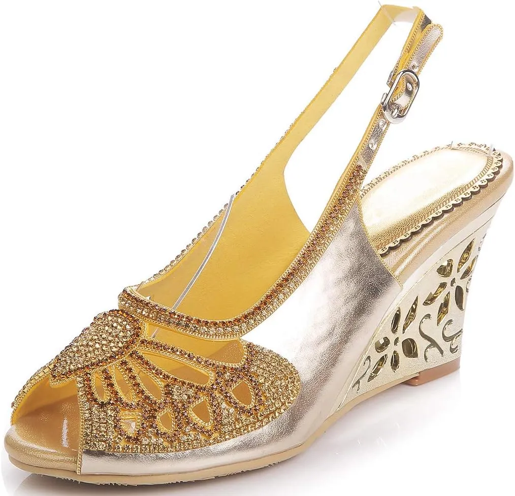 YooPrettyz Women Cutout Dress Sandals Rhinestone Butterfly Dress Metallic Wedge Heels