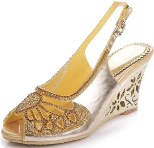 YooPrettyz Women Cutout Dress Sandals Rhinestone Butterfly Dress Metallic Wedge Heels