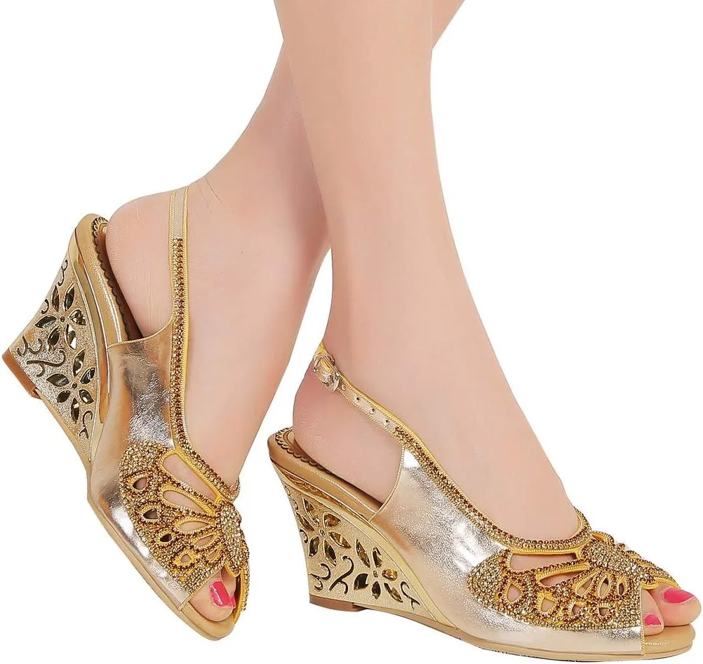 YooPrettyz Women Cutout Dress Sandals Rhinestone Butterfly Dress Metallic Wedge Heels