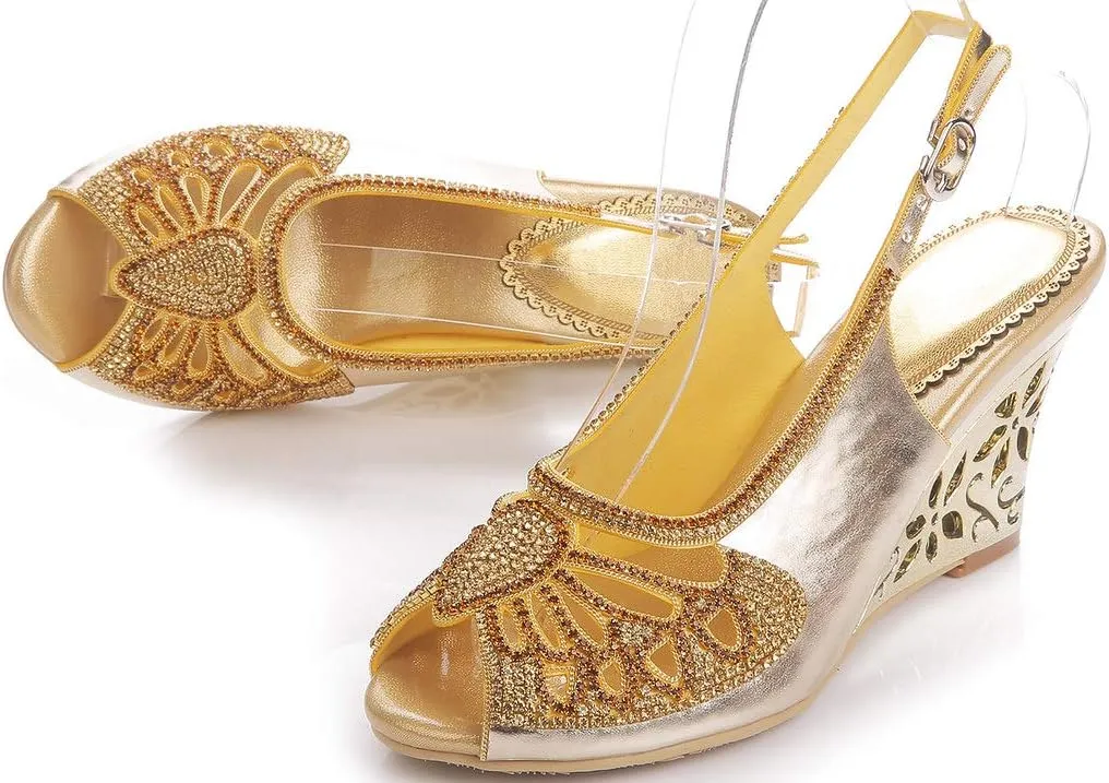 YooPrettyz Women Cutout Dress Sandals Rhinestone Butterfly Dress Metallic Wedge Heels
