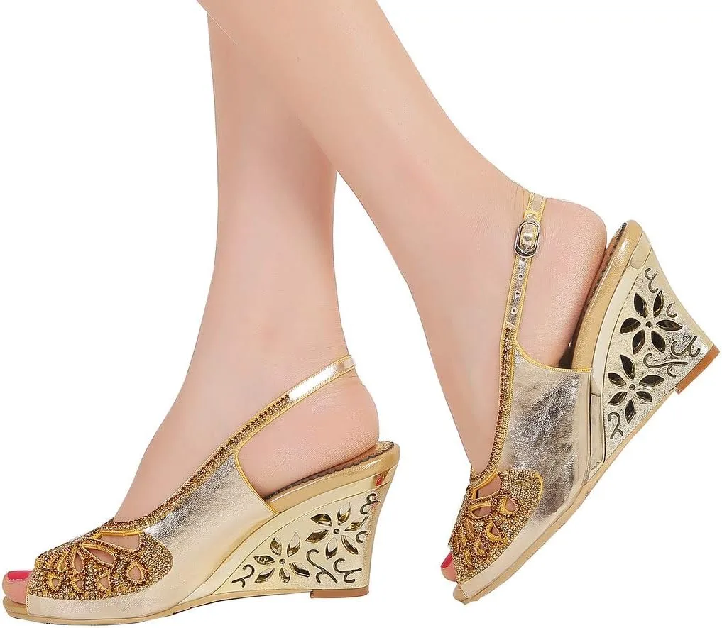 YooPrettyz Women Cutout Dress Sandals Rhinestone Butterfly Dress Metallic Wedge Heels