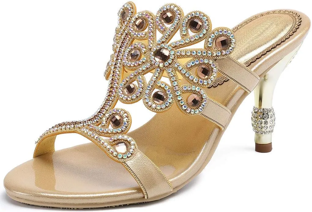 YooPrettyz Women Flowers Cutout Sandal High Heels Rhinestone Wedding Dress Shoes
