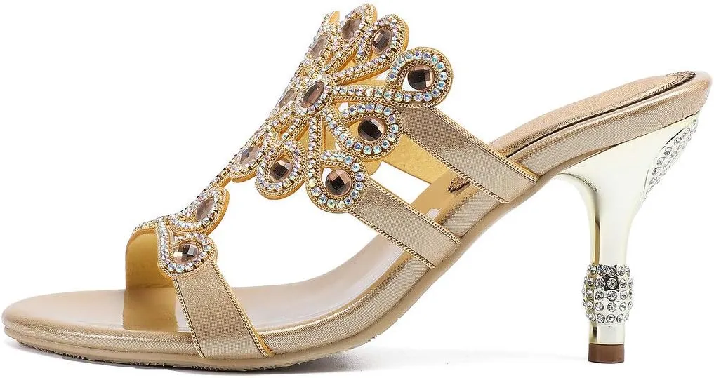YooPrettyz Women Flowers Cutout Sandal High Heels Rhinestone Wedding Dress Shoes