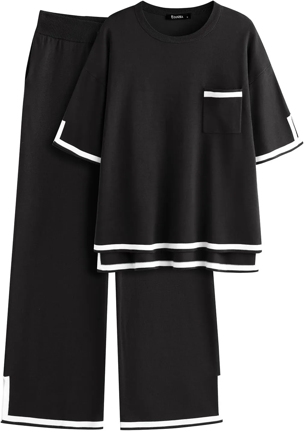 ZANZEA Women's 2 Piece Outfits Lounge Sets Short Sleeve Knit Pullover Tops Wide leg Pajama Sets with Pockets