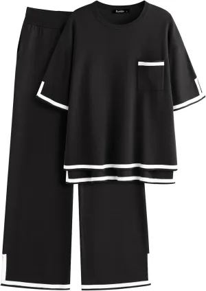 ZANZEA Women's 2 Piece Outfits Lounge Sets Short Sleeve Knit Pullover Tops Wide leg Pajama Sets with Pockets