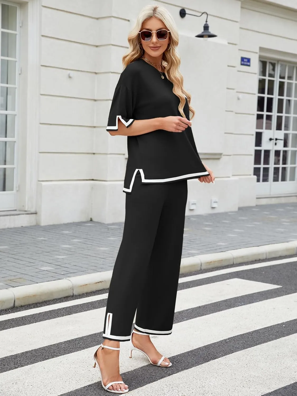 ZANZEA Women's 2 Piece Outfits Lounge Sets Short Sleeve Knit Pullover Tops Wide leg Pajama Sets with Pockets