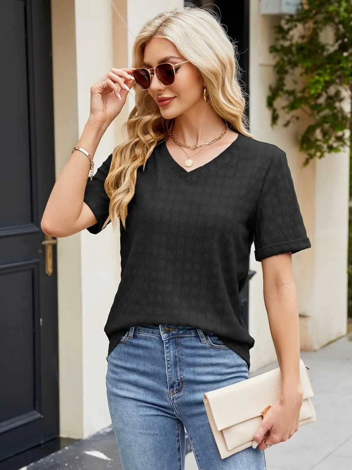 ZANZEA Women's V Neck Short Sleeve T Shirts Summer Knit Textured Tunic Tops Basic Loose Tee