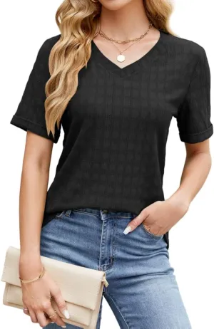 ZANZEA Women's V Neck Short Sleeve T Shirts Summer Knit Textured Tunic Tops Basic Loose Tee