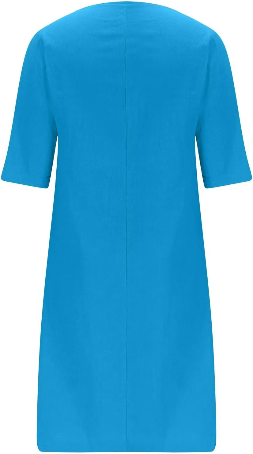 ZDRZK Casual Dresses for Women Lapel V Neck Solid Linen Cotton Summer Dresses Short Sleeve Loose Fit Pullover Dress