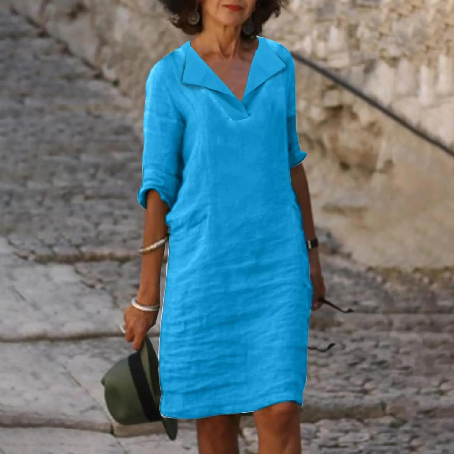 ZDRZK Casual Dresses for Women Lapel V Neck Solid Linen Cotton Summer Dresses Short Sleeve Loose Fit Pullover Dress