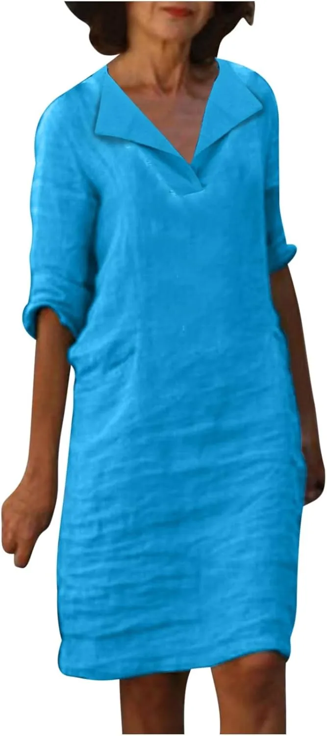 ZDRZK Casual Dresses for Women Lapel V Neck Solid Linen Cotton Summer Dresses Short Sleeve Loose Fit Pullover Dress