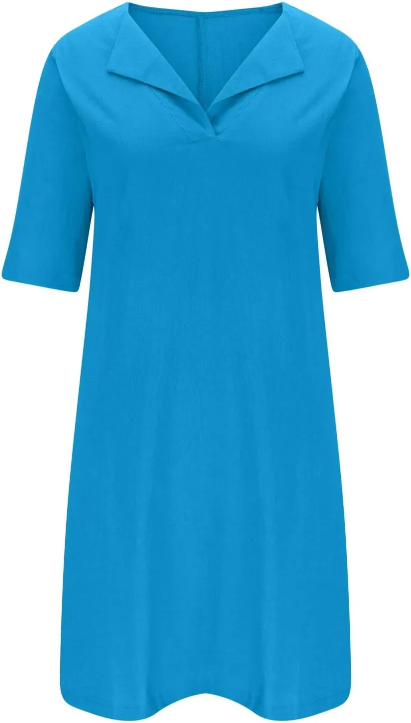 ZDRZK Casual Dresses for Women Lapel V Neck Solid Linen Cotton Summer Dresses Short Sleeve Loose Fit Pullover Dress