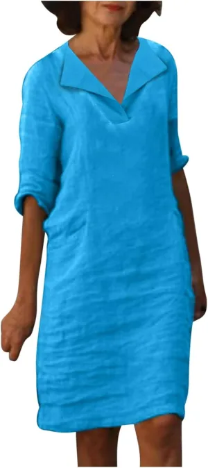 ZDRZK Casual Dresses for Women Lapel V Neck Solid Linen Cotton Summer Dresses Short Sleeve Loose Fit Pullover Dress