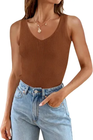 ZESICA Womens Ribbed Tank Tops Summer Sleeveless V Neck Shirts Casual Sexy Slim Fitted Basic Knit Tees
