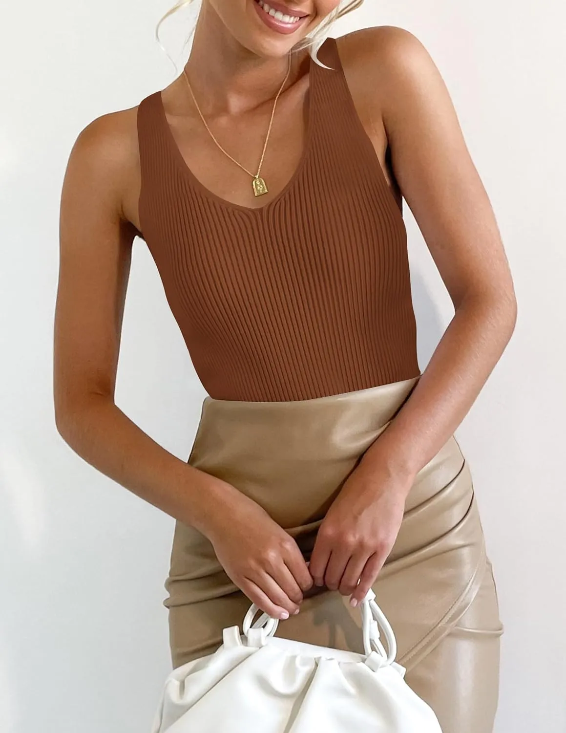 ZESICA Womens Ribbed Tank Tops Summer Sleeveless V Neck Shirts Casual Sexy Slim Fitted Basic Knit Tees