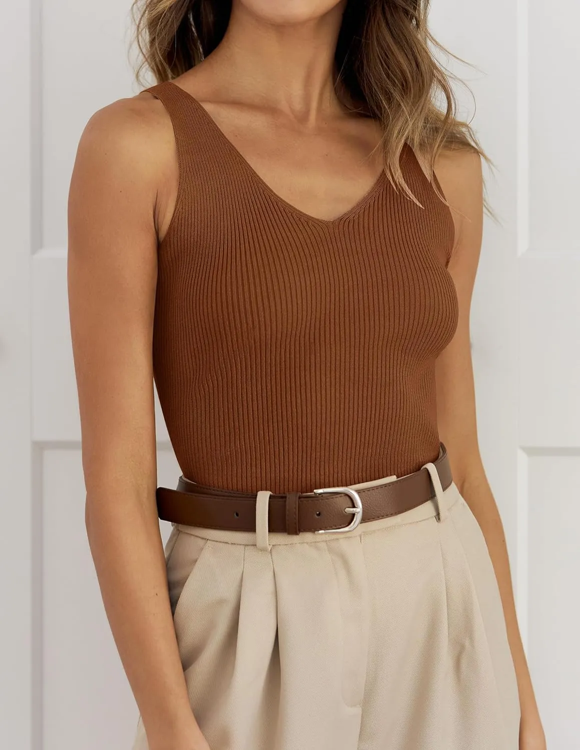 ZESICA Womens Ribbed Tank Tops Summer Sleeveless V Neck Shirts Casual Sexy Slim Fitted Basic Knit Tees