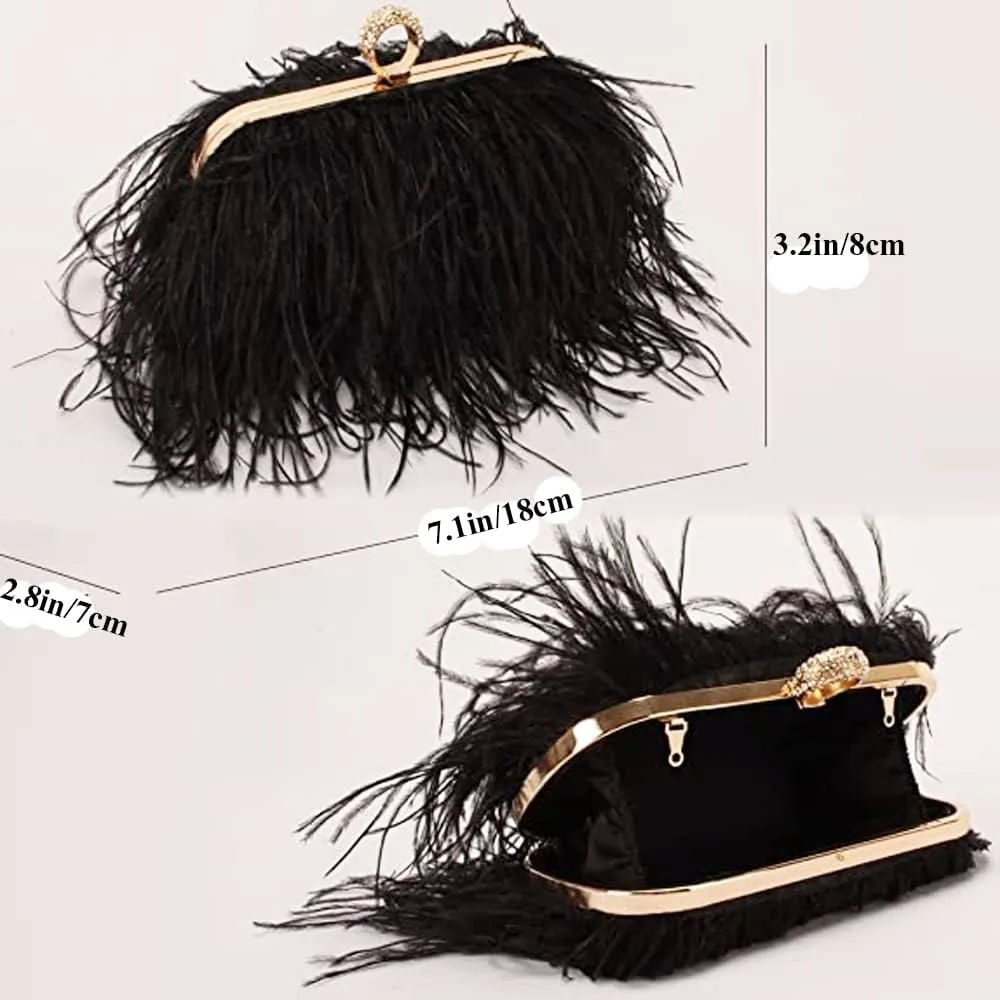 ZiMing Women Evening Bag Natural Ostrich Feather Evening Purse Handbags Ring Handle Clutch wihe Chain Strap Wedding Party