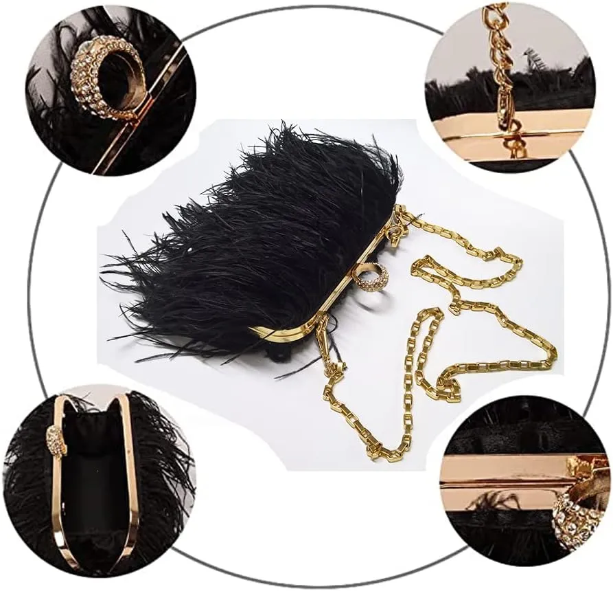 ZiMing Women Evening Bag Natural Ostrich Feather Evening Purse Handbags Ring Handle Clutch wihe Chain Strap Wedding Party
