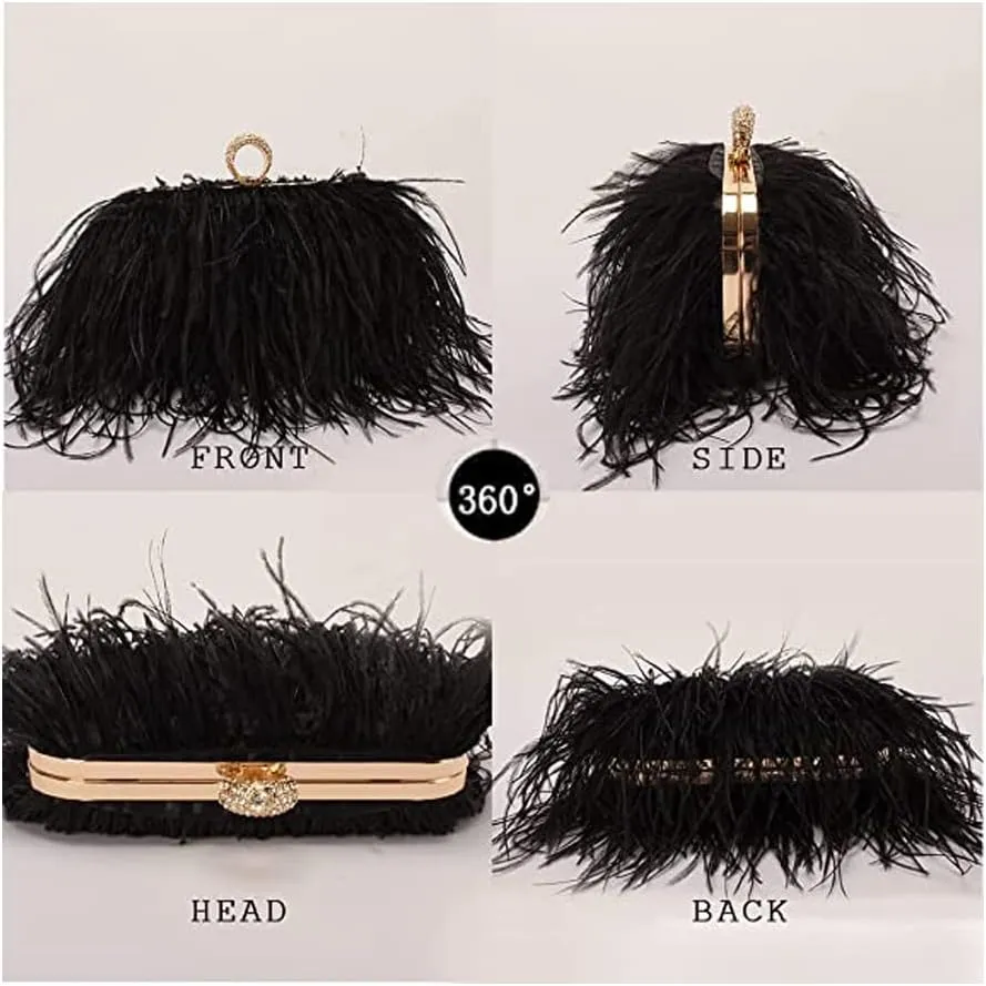 ZiMing Women Evening Bag Natural Ostrich Feather Evening Purse Handbags Ring Handle Clutch wihe Chain Strap Wedding Party