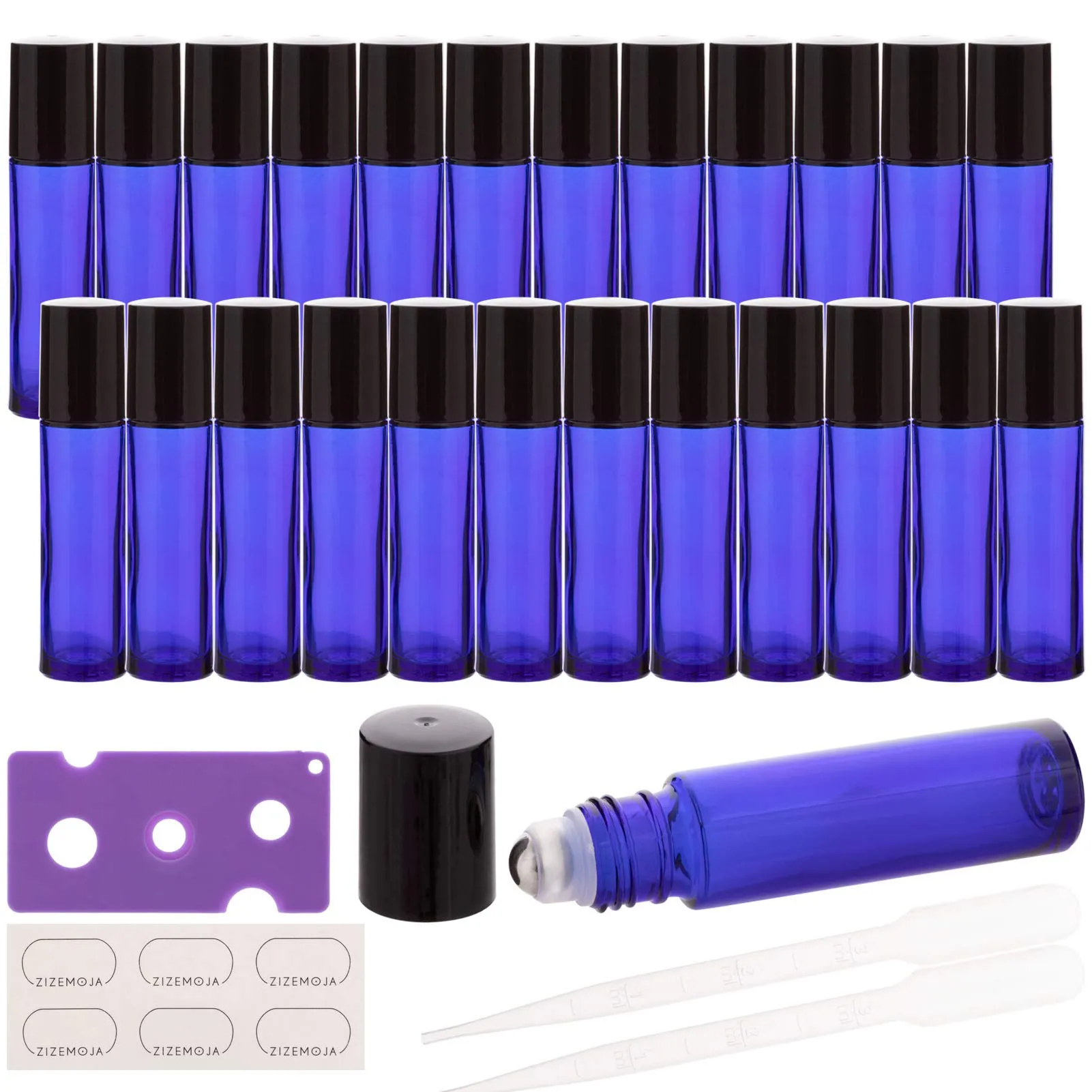ZIZEMOJA 10ml Essential Oil Roller Bottles, 24 Pack Leak-proof Glass Roll on Bottles for Essential Oils, with Stainless Steel Roller Balls, 1 Extra Roller Ball, 24Labels, 1 Openers, 2 Droppers, Blue