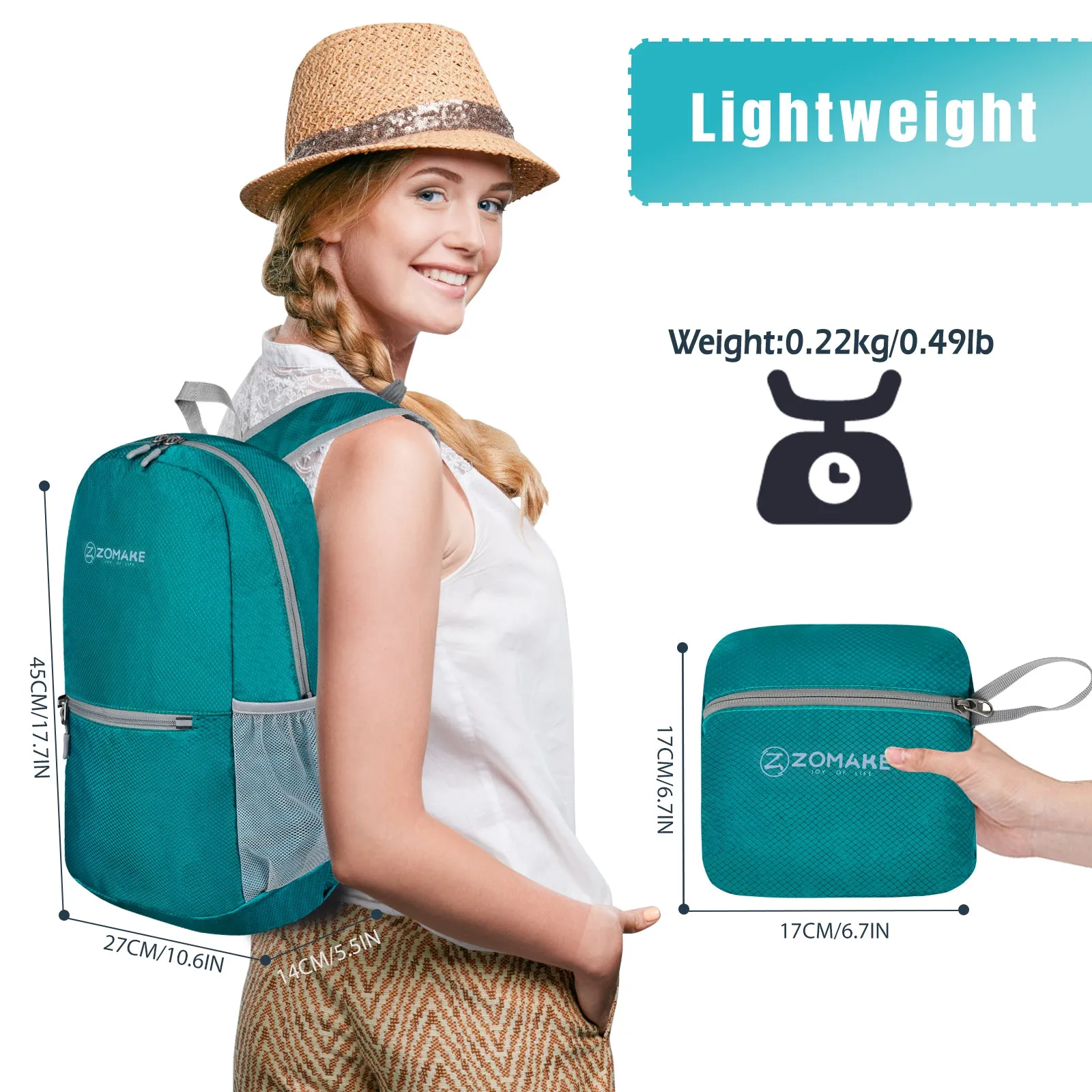 ZOMAKE Ultra Lightweight Hiking Backpack 20L, Packable Small Backpacks Water Resistant Daypack for Women Men(Lake Green)