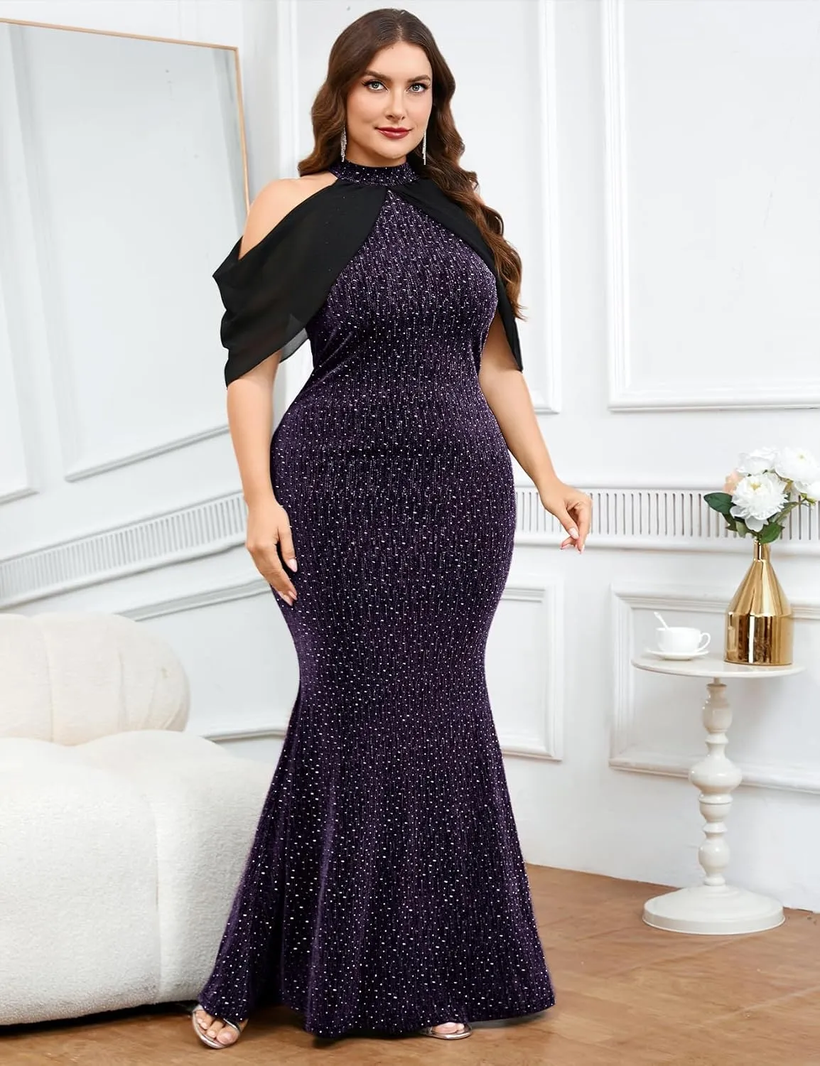 ZOMVA Plus Size Sparkly Halter Neck Dress Chiffon Cape Sleeve Bodycon Mermaid Maxi Dresses Cocktail Party Formal Club