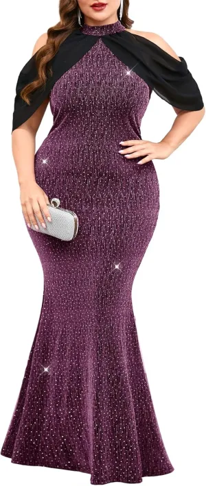 ZOMVA Plus Size Sparkly Halter Neck Dress Chiffon Cape Sleeve Bodycon Mermaid Maxi Dresses Cocktail Party Formal Club