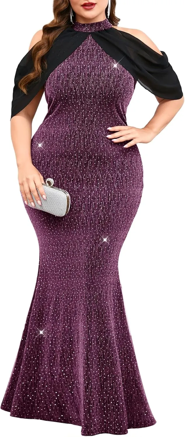 ZOMVA Plus Size Sparkly Halter Neck Dress Chiffon Cape Sleeve Bodycon Mermaid Maxi Dresses Cocktail Party Formal Club