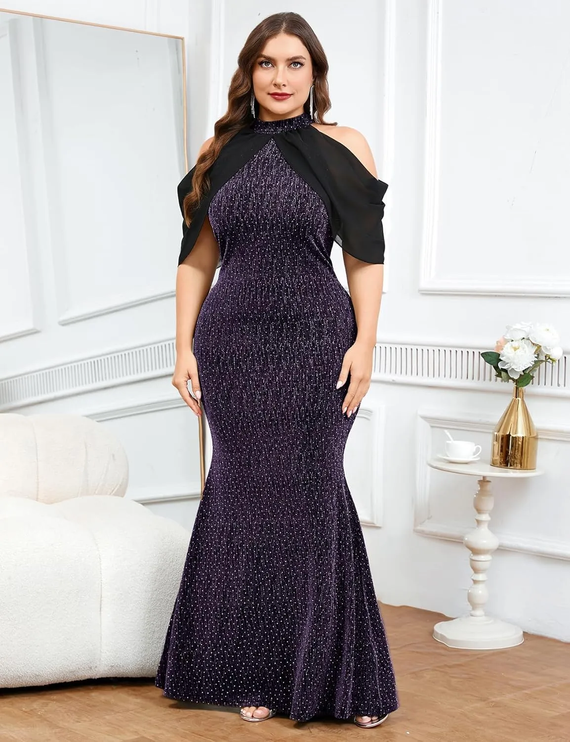 ZOMVA Plus Size Sparkly Halter Neck Dress Chiffon Cape Sleeve Bodycon Mermaid Maxi Dresses Cocktail Party Formal Club