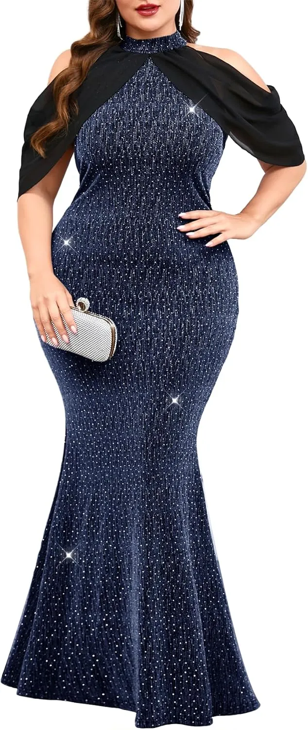 ZOMVA Plus Size Sparkly Halter Neck Dress Chiffon Cape Sleeve Bodycon Mermaid Maxi Dresses Cocktail Party Formal Club
