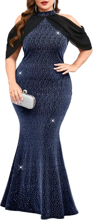 ZOMVA Plus Size Sparkly Halter Neck Dress Chiffon Cape Sleeve Bodycon Mermaid Maxi Dresses Cocktail Party Formal Club