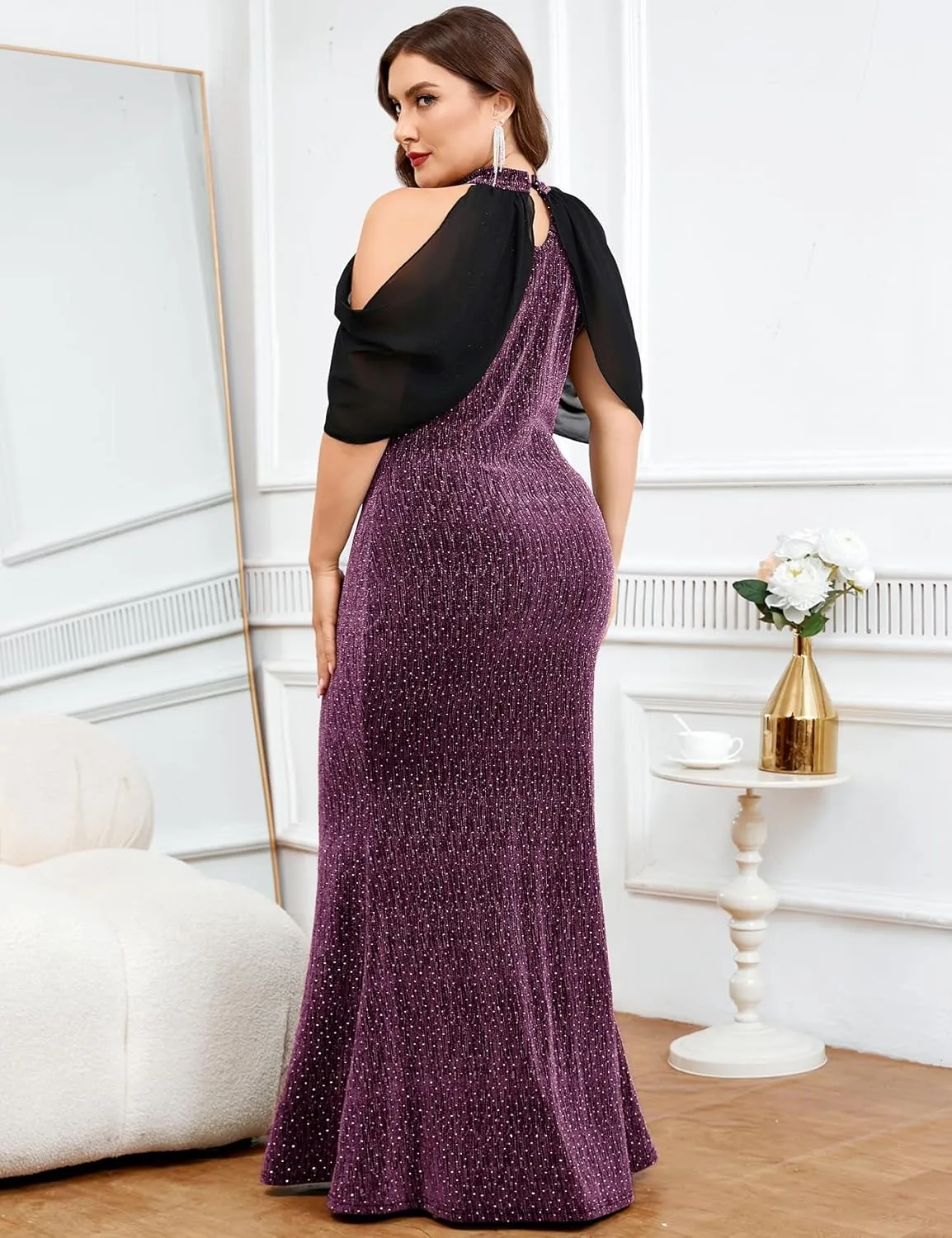 ZOMVA Plus Size Sparkly Halter Neck Dress Chiffon Cape Sleeve Bodycon Mermaid Maxi Dresses Cocktail Party Formal Club