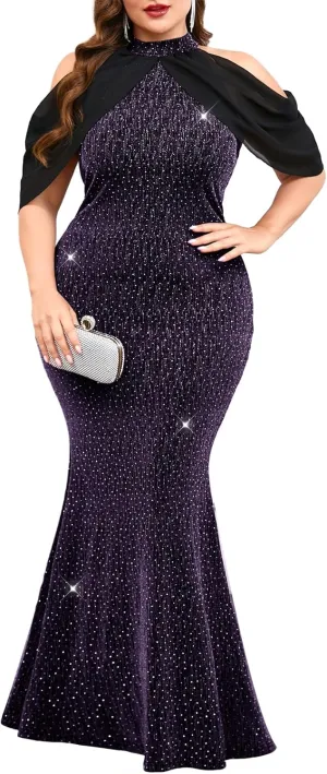 ZOMVA Plus Size Sparkly Halter Neck Dress Chiffon Cape Sleeve Bodycon Mermaid Maxi Dresses Cocktail Party Formal Club