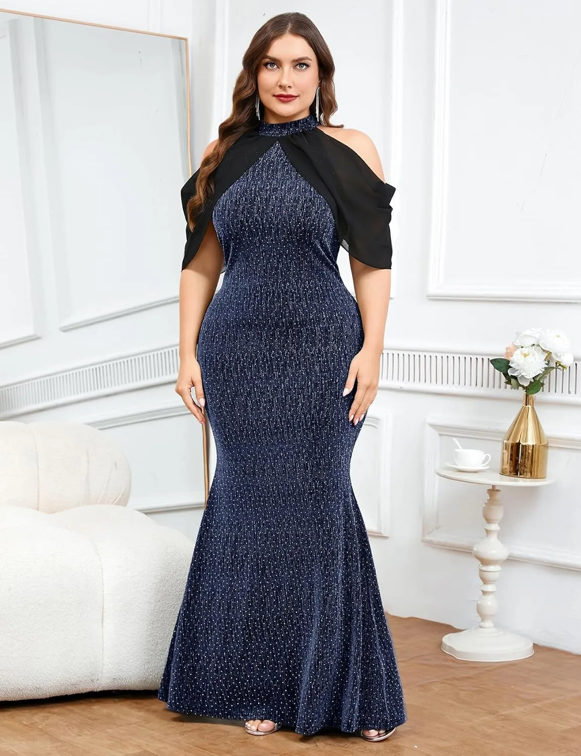 ZOMVA Plus Size Sparkly Halter Neck Dress Chiffon Cape Sleeve Bodycon Mermaid Maxi Dresses Cocktail Party Formal Club