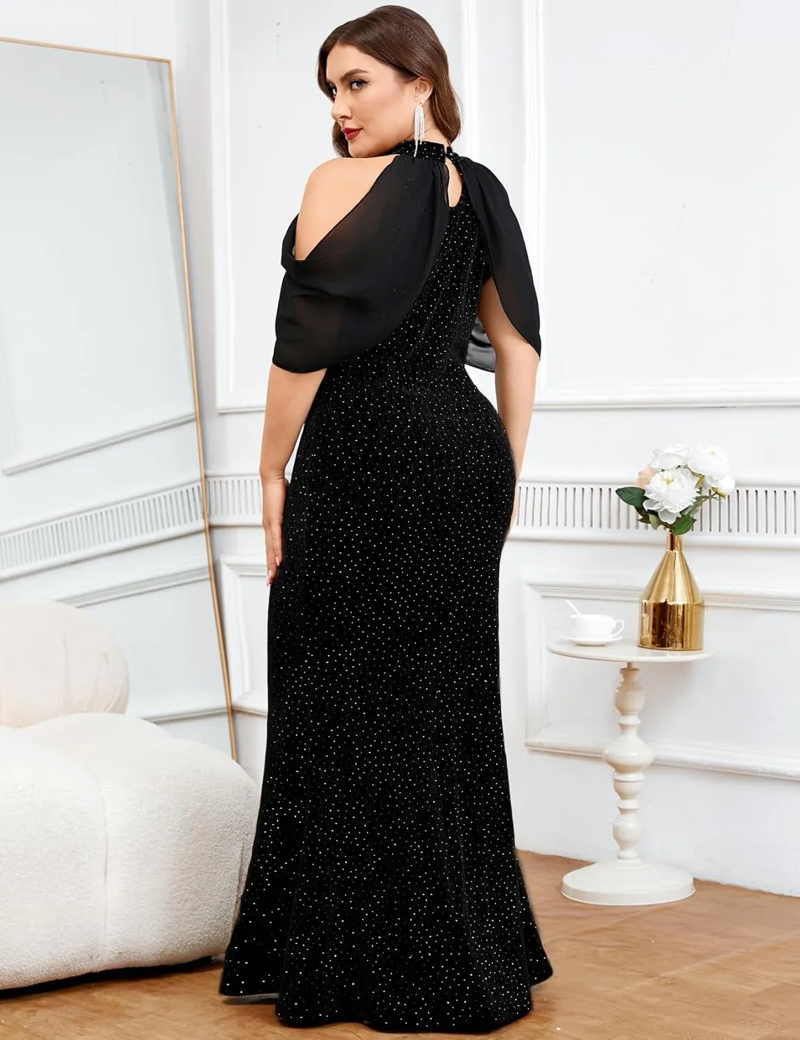 ZOMVA Plus Size Sparkly Halter Neck Dress Chiffon Cape Sleeve Bodycon Mermaid Maxi Dresses Cocktail Party Formal Club